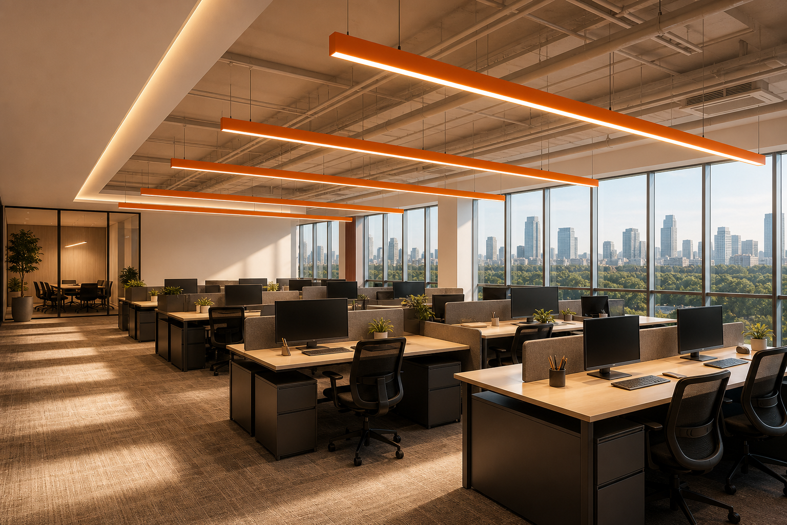 Architectural linear lighting in a premium office reception